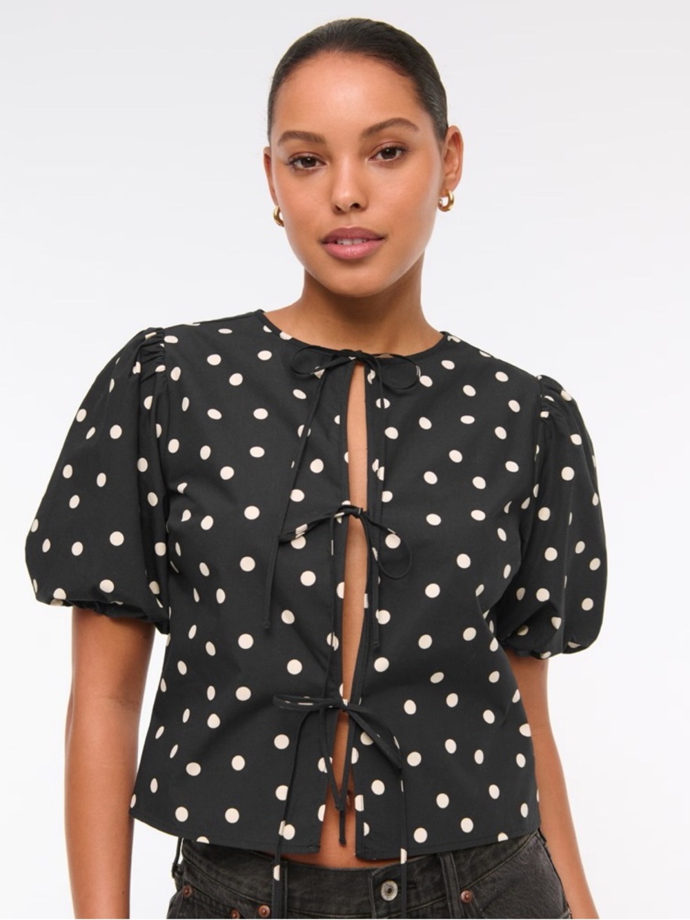 Polka Dot Tie-Front Puff Sleeve Milkmaid Top Black & White